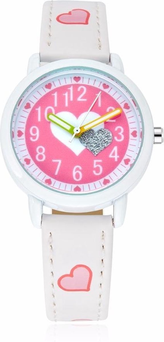 Meisjes Horloge - Wit met Roze Hartjes - Leren Bandje - Girls Watch