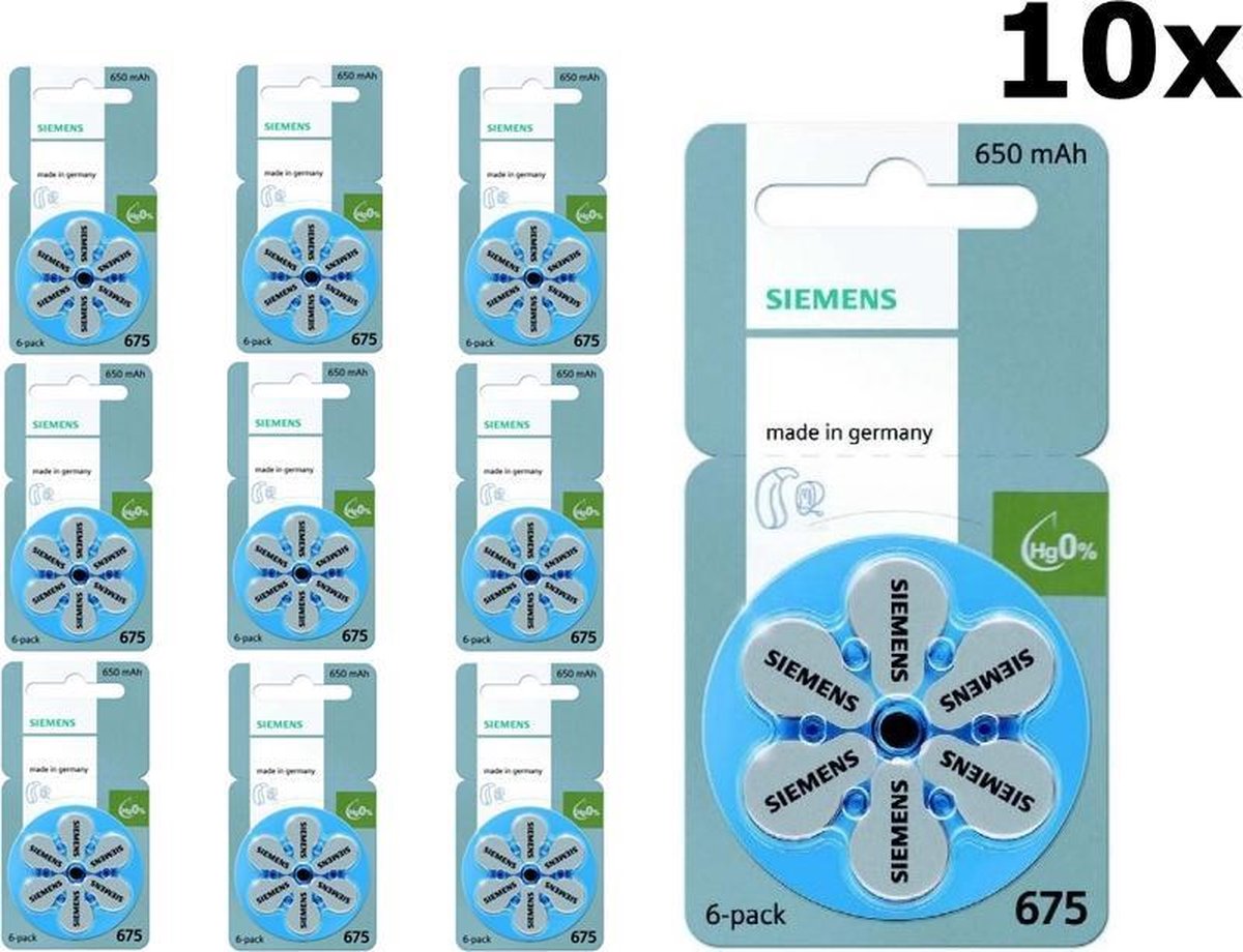 60 stuks (10 Blisters a 6St)- Siemens 675MF Hg 0% Gehoorapparaat batterijen 650mAh 1,45V