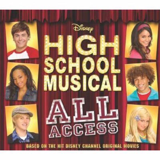 CD-hoes met de titel 'High School Musical All Access' en portretten van de cast, inclusief Zac Efron, Vanessa Hudgens, en Corbin Bleu.