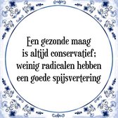 Tegeltje met Spreuk (Tegeltjeswijsheid): Een gezonde maag is altijd conservatief; weinig radicalen hebben een goede spijsvertering + Kado verpakking & Plakhanger