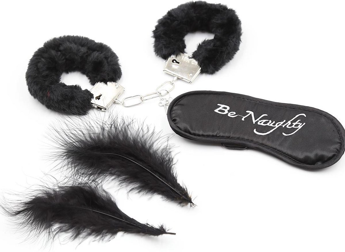 Goedkoopste Banoch | Bondage Naughty Black | zwarte pluche handboeien, blinddoek en streel veren