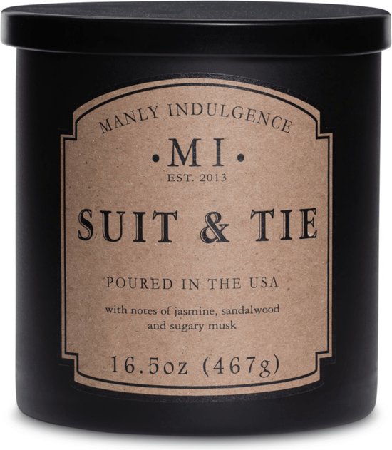 Bougie coloniale - Manly Indulgence Classic - Costume et cravate - avec des notes de jasmin, de bois de santal et de musc - fromage parfumé masculin