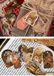 Tags en stickers in Art Nouveau stijl met afbeeldingen van vrouwen, bloemen en vlinders, op bruin papier.