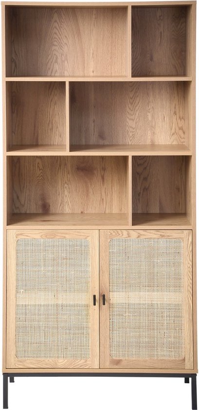 CALICOSY - Bibliothèque - 6 Compartiments et 2 Portes - Rotin Naturel - L80 x H175 cm