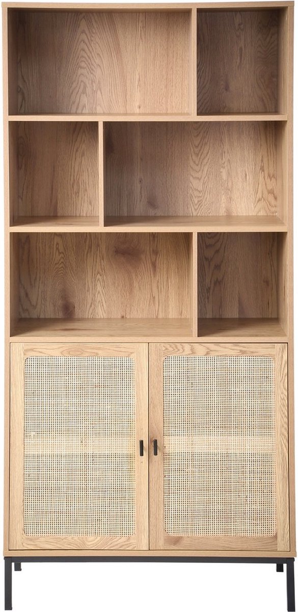 Casame CALICOSY - Boekenkast met 6 dozen en 2 deuren in natuurlijk rotan 80x35x175cm Houtlook