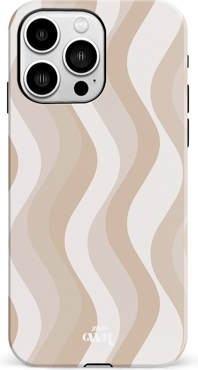 xoxo Wildhearts Minimal Nude - Double Layer - Hardcase geschikt voor iPhone 14 Pro Max hoesje - Siliconen hoesje iPhone met golven print - Cover geschikt voor iPhone 14 Pro Max beschermhoes - wit / beige / bruin