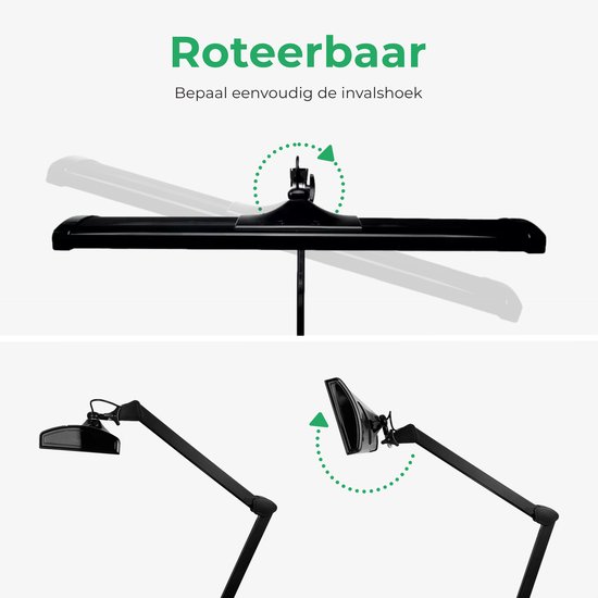 Zwarte bureaulamp met verstelbare hoek. Roteerbaar, bepaal eenvoudig de invalshoek.