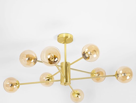 Design zandgouden plafondlamp met amber glas - 8-lichts Idaho