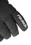 Detail van de zwarte Reusch handschoen met witte 'reusch' logo.