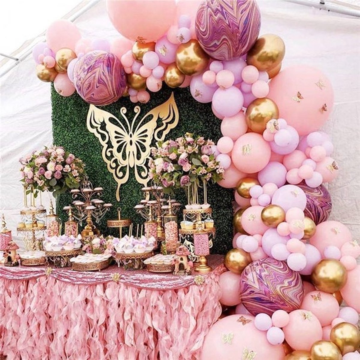FeestmetJoep® Ballonnenboog Paars & marmer roze - Verjaardag versiering