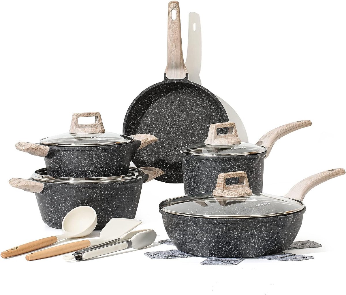 Pannenset, 14-delig, pan 24 cm, steelpan, pan, diepe braadpan 28 cm, antiaanbaklaag met deksel, pannenbeschermer, kooklepel, keukentang, inductiepan