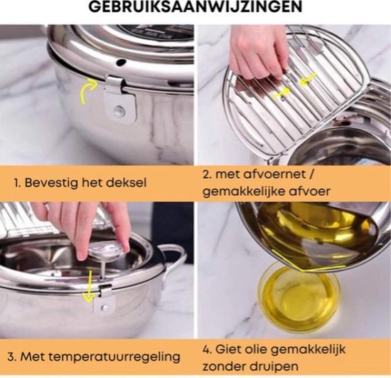 YEmirth Friteuse Pot, Koekenpan met Thermometer Japans Roestvrijstalen Friteuse Pan Deksel En Olie Druppel Afdruiprek Voor Frieten Garnalen Kippenvleugels