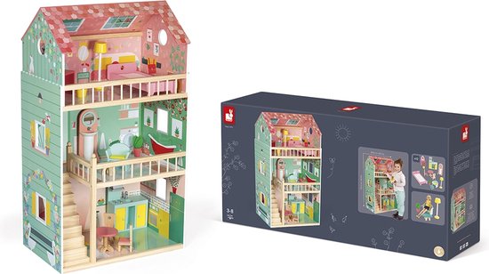 Janod - Happy Day Doll's House - Houten Poppenhuis Met 3 Verdiepingen - Inclusief 12 Meubels Om Het Huis In Te Richten - Geschikt Vanaf 3 Jaar