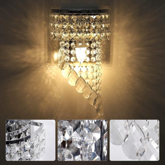 Moderne kristallen wandlamp - Moderne K9 kristallen wandlamp, led, binnen, kristal, led-wandlamp, chroom-afwerking, roestvrij staal, wandverlichting, E14, lampvoet voor slaapkamer, woonkamer, eetkamer, hal, trap, meisjeskamer [Energieklasse A+]