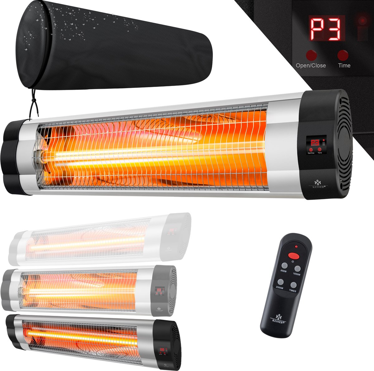 KESSER® Infraroodstraler 2500 Watt Infraroodstraler met Afstandsbediening Patio Straler incl. Beschermhoes Hittestraling Kwarts Straler , Wandmontage Patioheater - 2500W met afstandsbediening