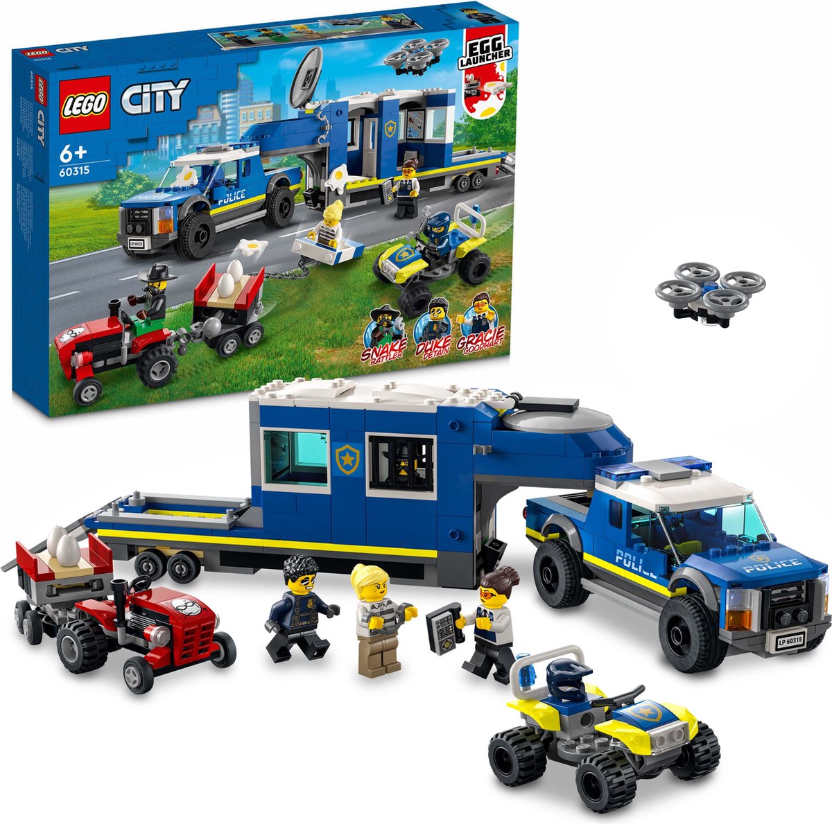 LEGO® City Mobiele commandowagen politie 60315 bouwset voor kinderen vanaf 6 jaar; met een pick-uptruck en aanhanger met gevangenis, een terreinwagen en een drone, een tractor met eier-aanhanger en 4 minifiguren (436 onderdelen) — afbeelding 8