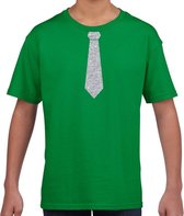 Groen fun t-shirt met stropdas in glitter zilver kinderen - feest shirt voor kids 158/164