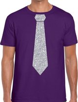 Paars fun t-shirt met stropdas in glitter zilver heren XL