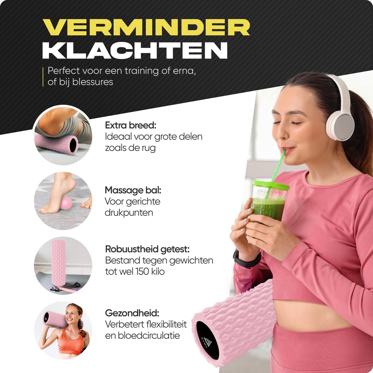Dymu Foam Roller - Extra groot 45 cm, Roze Massage Roller voor Triggerpoint, Yoga & Spierherstel - Lacrosse Bal & Foamroller thumbnail 6