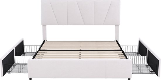 Merax Tweepersoonsbed 140x200 cm - Gestoffeerd Bed met Opbergruimte - Wit