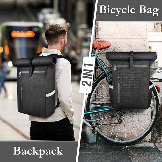 Fietstas voor bagagedrager, 22 liter fietstassen rugzak, multifunctionele bagagedragertas, waterdicht en reflecterend (puur zwart) van Fietstas — afbeelding 3