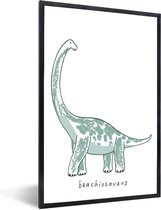 Fotolijst inclusief poster - Fotokader Brachiosaurus groen - Posterlijst jongenskamer - Kaders en lijsten natuur - Voor jongens - Zwarte lijst 20x30 cm - Photo frame kinderkamer - Dinosaurus groen - Muurdecoratie slaapkamer