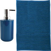 MSV badkamer droogloop mat - Milano - 40 x 60 cm - met bijpassende kleur zeeppompje - donkerblauw