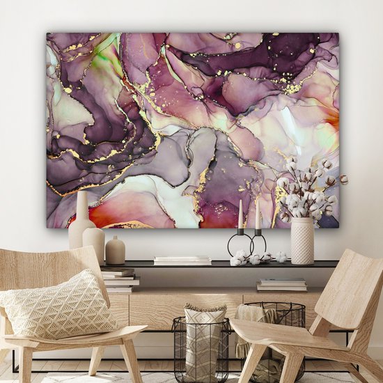 Tableau sur toile Marbre - Rouge - Violet - Or - 140x90 cm - Décoration murale