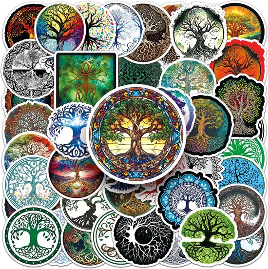 Foto: 50 ronde stickers met bomen tree of life laptopstickers 5cm natuur spiritueel celtic