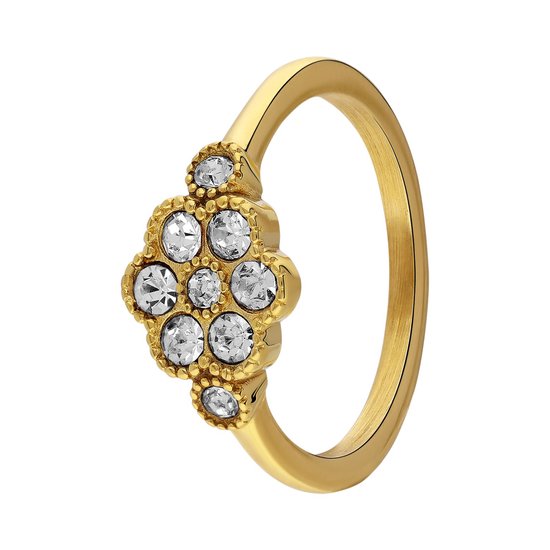 Lucardi - Dames Stalen goldplated ring vintage bloem wit - Ring - Staal - Goudkleurig - 19 / 60 mm