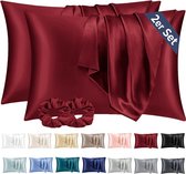 Set van 2 satijnen kussenslopen, 40 x 60 cm, zacht, vergelijkbaar met zijden kussensloop, 40 x 60, premium hoofdkussensloop, rood, voor haar en huid, met 2 haarelastiekjes, ecologisch
