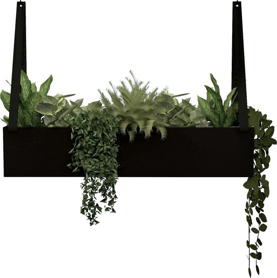 Muurplanter - Staal: Zwart / leren banden: Zwart - Handles and more® (plantenbak - plantenbak binnen - plantenpot - planten aan wand - muur plantenbak)