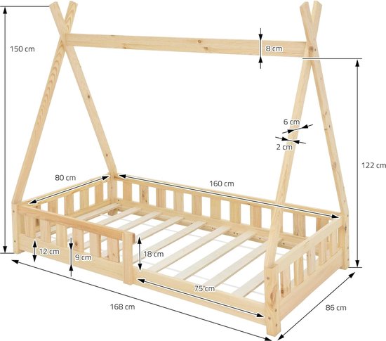 BERKATMARKT - Kinderbed in vorm voor kinderen, 80 x 160 cm, wit, met koudschuimmatras van polyester, afneembare overtrek, lattenbodem, valbescherming, van massief grenenhout, valbescherming