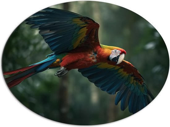 Dibond Ovaal - Vliegende ara papegaai in tropisch regenwoud - 96x72 cm Foto op Ovaal (Met Ophangsysteem)