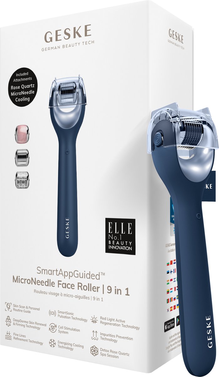 GESKE | SmartAppGuided™ MicroNeedle Face Roller | 9 in 1 | met rozenkwarts | Microneedling | Professioneel Microneedling-apparaat | Naaldroller | Schoonheidsrollergezicht | Micronaaldroller