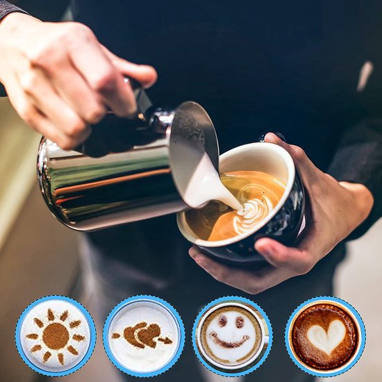 Zuquik Melkkannetje van roestvrij staal, melkkan barista met maataanduiding 24oz, melkschuimkannetje met cacaostrooier, 16 latte art sjablonen & pen voor cappuccino en espresso, smaragdgroen