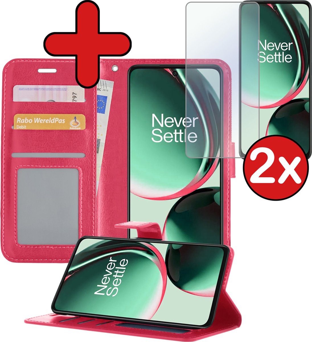 Hoesje - Met 2x Screenprotector - Geschikt voor OnePlus Nord CE 3 Lite - Luxe Pasjeshouder - Flip Case - Bookcase Portemonee - Kunstleer Book Case - Flipcase Hoes - Book Cover - Walletcase - Portemonneehoes - Telefoonhoes - Donkerroze