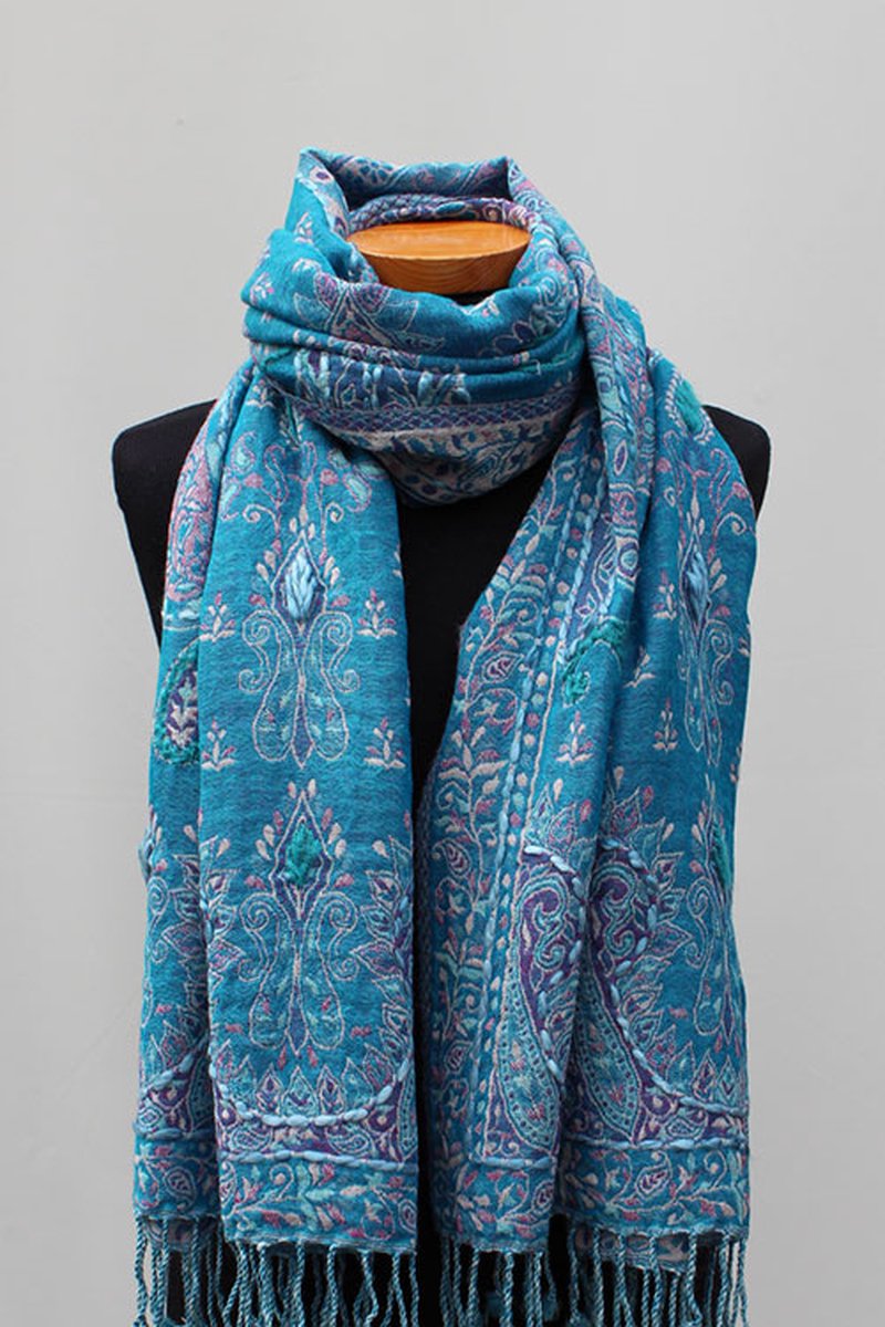 Wollen geborduurde sjaal en omslagdoek Turquoise-Blauw