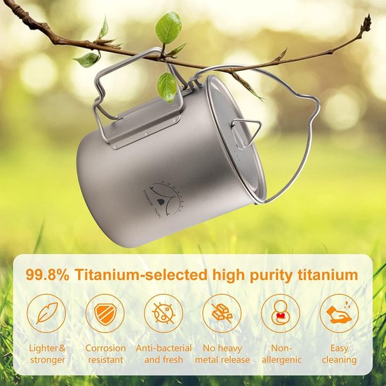 Camping titanium beker, titanium campingbeker met deksel, 99,8% titanium pot met lepel en draagbare zak (750 ml pan) — afbeelding 4