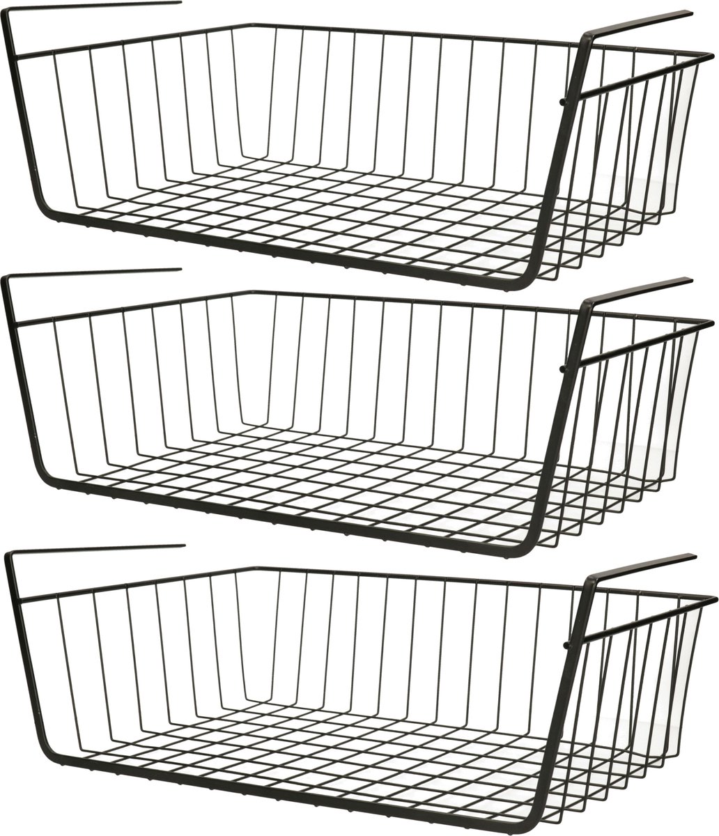 MSV Kastmandje - 3x - opberg/hang mandjes - rvs - zwart - 39 x 25 x 14 cm - draadmand