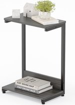 Bijzettafel Banktafel Salontafel Nachtkastje met 2 opbergvakken C-vormig metalen frame, tafelblad van hout, eenvoudige structuur