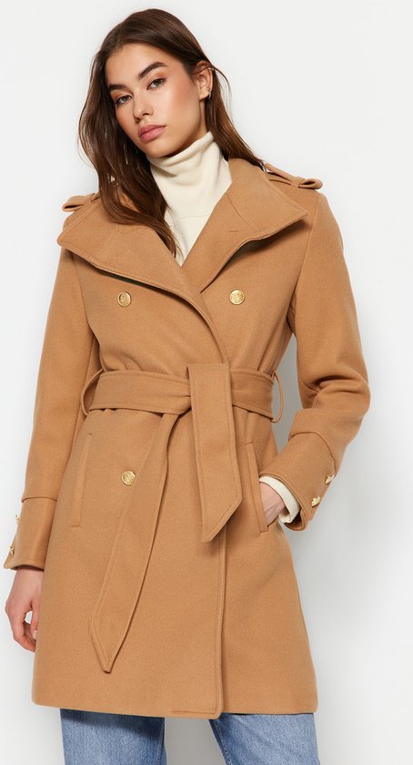Erwtenjas met dubbele rij knopen, klassieke ingekeepte kraag, halflang wolmix trenchcoat, winterjassen voor dames lang, Lichtgrijs, M