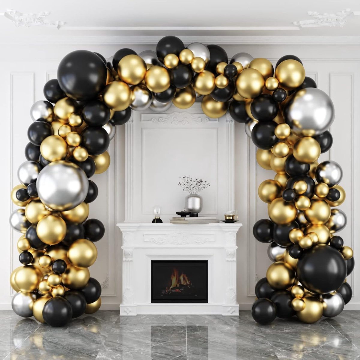6 Ballons du Nouvel An noir et doré or en latex de 30 cm avec