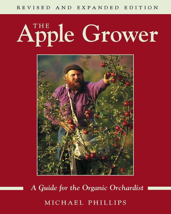 Boekomslag van "The Apple Grower", met een foto van een man die appels oogst in een boomgaard.