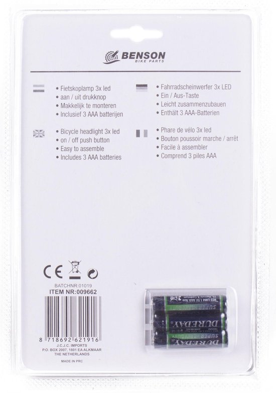 Benson Fietskoplamp - 2 LED's - Inclusief Batterijen - Wit - Retro Stijl — afbeelding 3