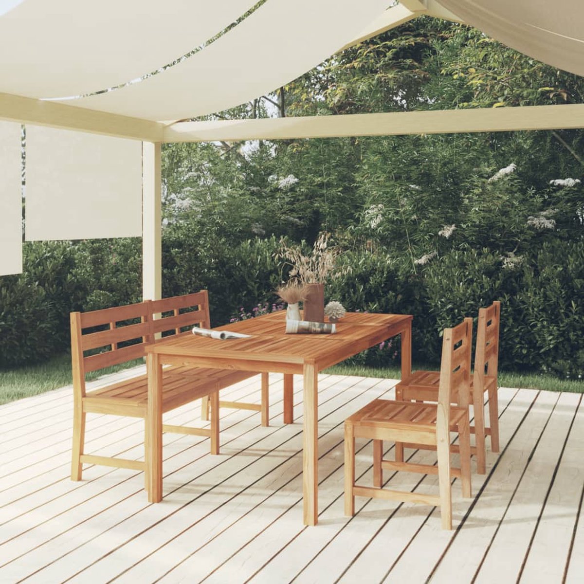 The Living Store 4-delige Tuinset massief teakhout - Eetkamerset - Teak Hout - Buitentafel - Buitenbank - Buitenstoelen
