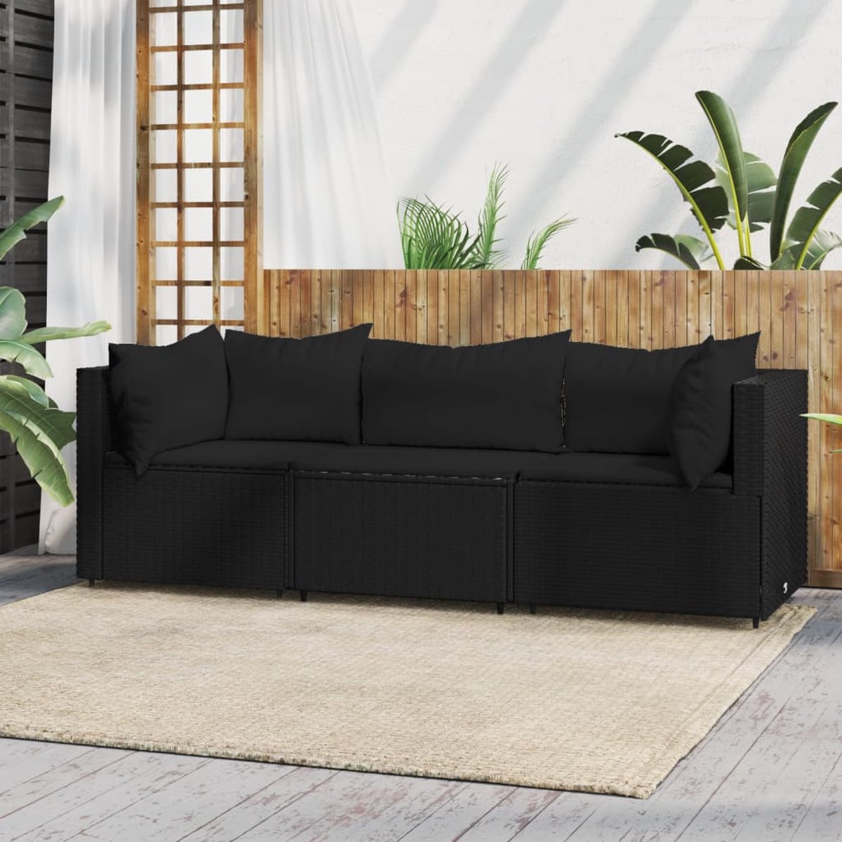 Zwarte loungeset hoekbank met kussens - PE-rattan - The Living Store.