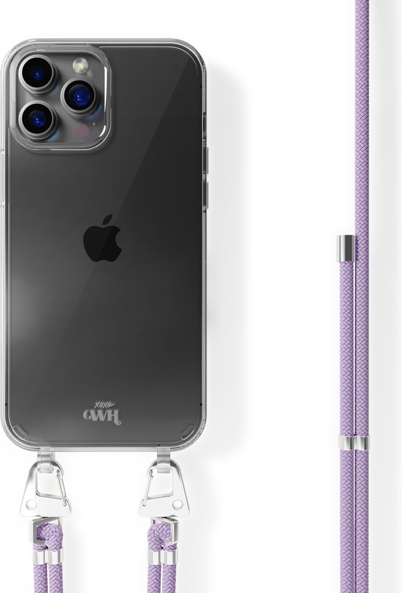 xoxo Wildhearts siliconen hoesje - Geschikt voor iPhone 13 Pro - Telefoonhoesje - Hoesje met koord - telefoonkoord - Transparant hoesje - Paarse koord