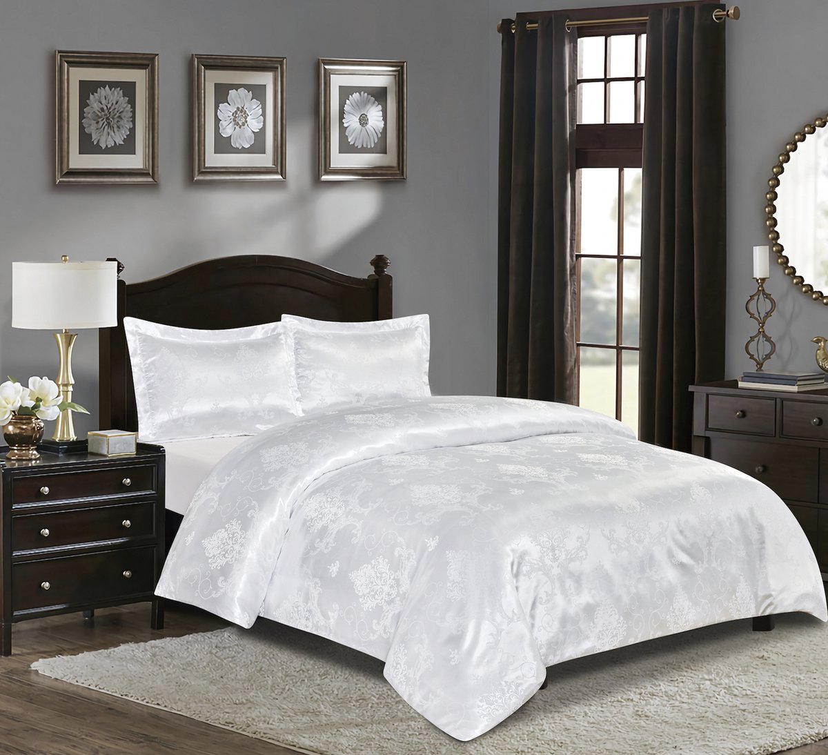 Luxe bedsprei set - Bedsprei 220x240 - Kussensloop 2x 50x70 - Wit met grijze luxe details