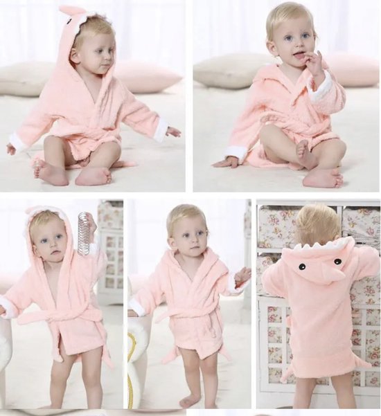 Baby Badjas Haai roze - 0-12 maanden (0-1 jaar) - ochtendjas - katoen - snel drogend - met capuchon - kraamcadeau - dierenbadjas - sinterklaas - haai - dier - meisjes en jongens - roze van Merkloos — afbeelding 2